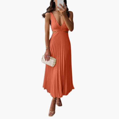 Ladies Flowy Ruffle Satin Dress with Round Neck