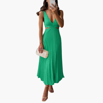 Ladies Flowy Ruffle Satin Dress with Round Neck