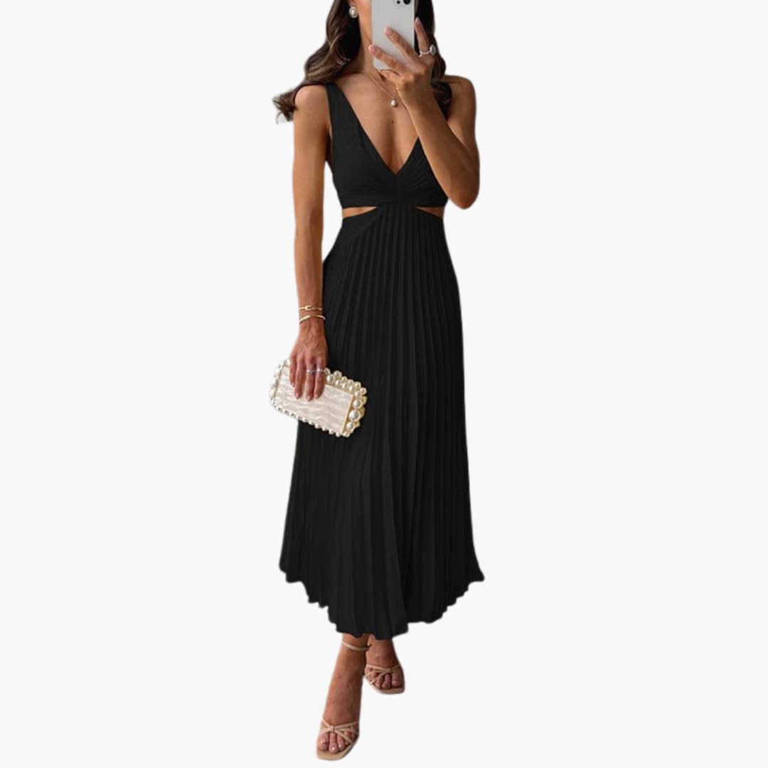 Ladies Flowy Ruffle Satin Dress with Round Neck