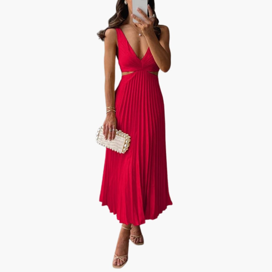 Ladies Flowy Ruffle Satin Dress with Round Neck