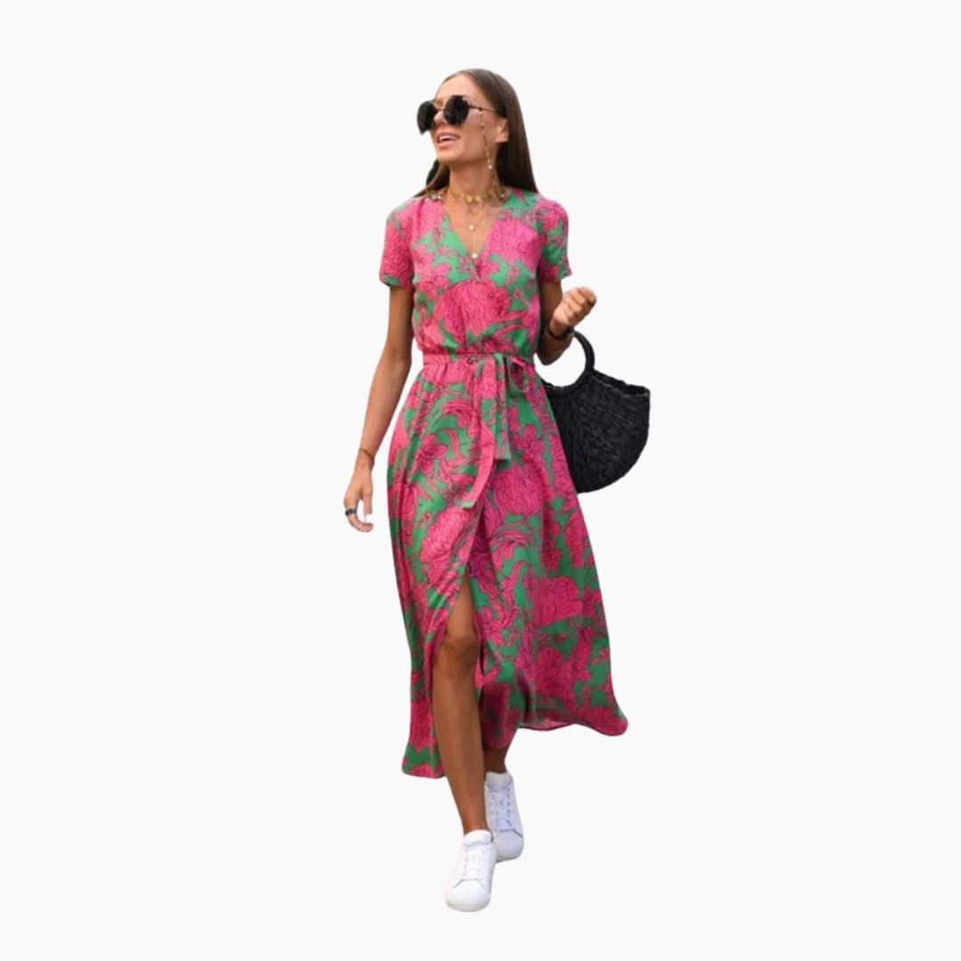 Ladies' Floral Wrap Dress with Adjustable Belt - Olytrend