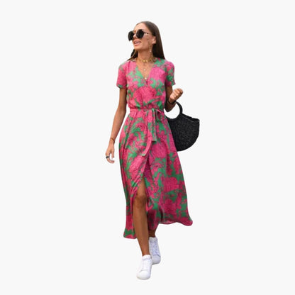 Ladies' Floral Wrap Dress with Adjustable Belt - Olytrend