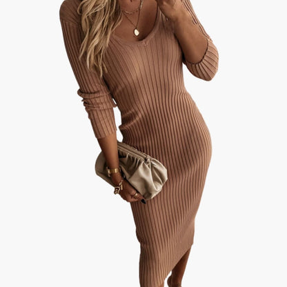 Feminine Fit Midi Dress with Crew Neckline