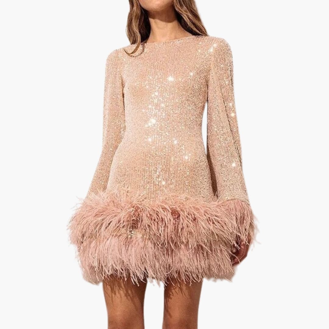Glittery Party Dress with Fringe Detail Hem - Olytrend