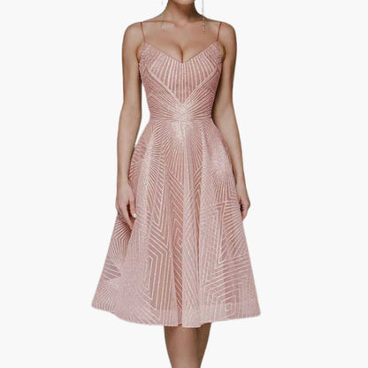 Glittering Formal Midi Dress with Thin Straps and Sleeveless Style