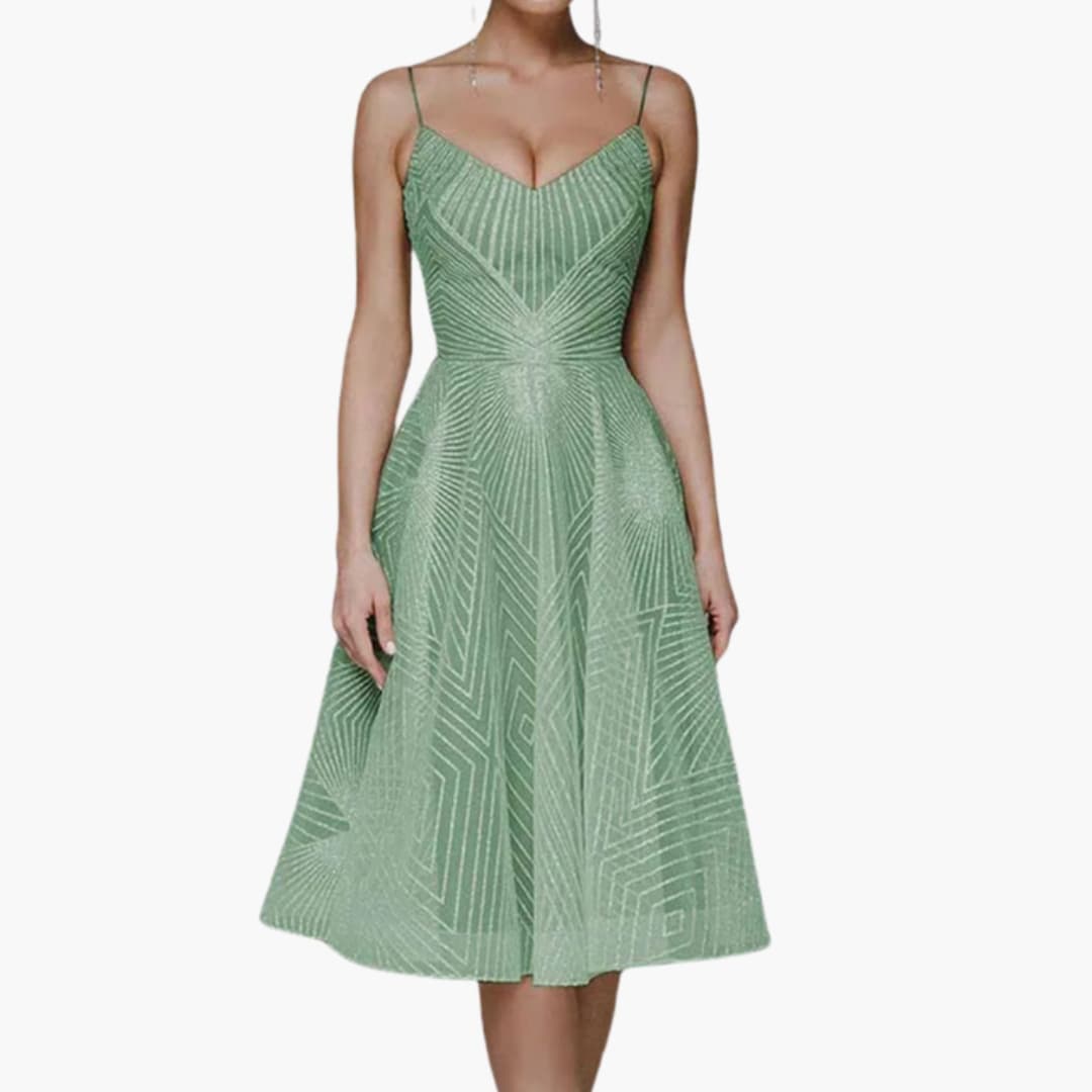 Glittering Formal Midi Dress with Thin Straps and Sleeveless Style