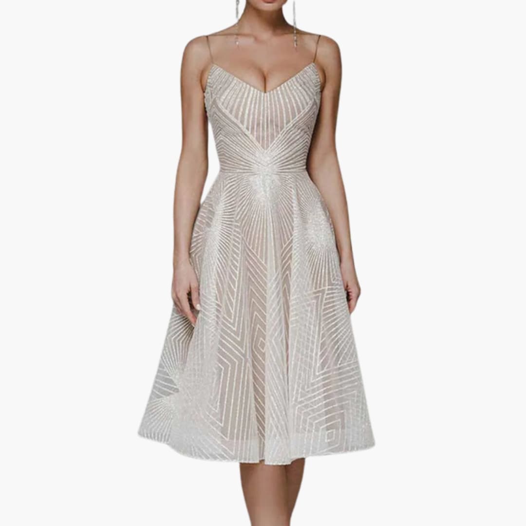 Glittering Formal Midi Dress with Thin Straps and Sleeveless Style - Olytrend