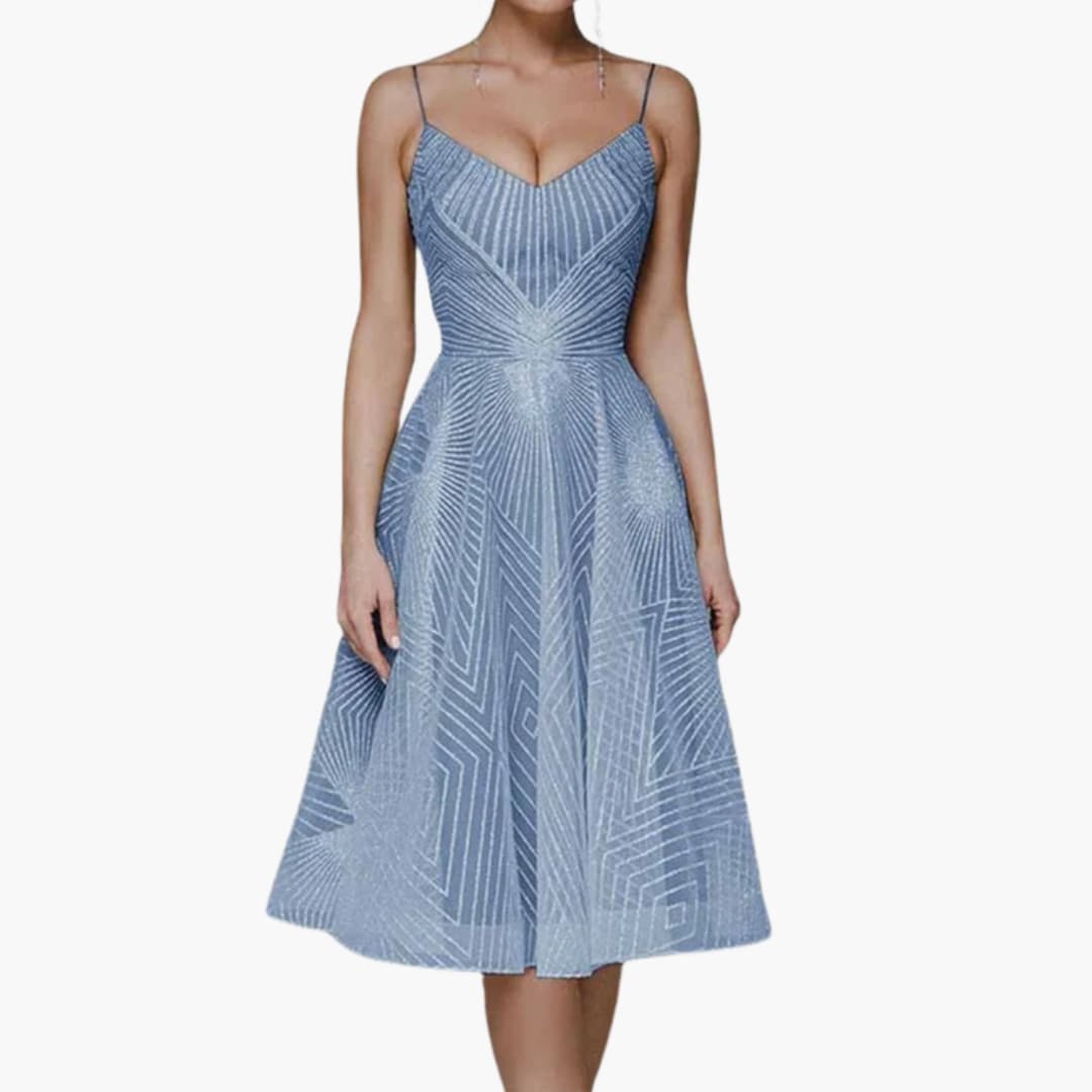 Glittering Formal Midi Dress with Thin Straps and Sleeveless Style