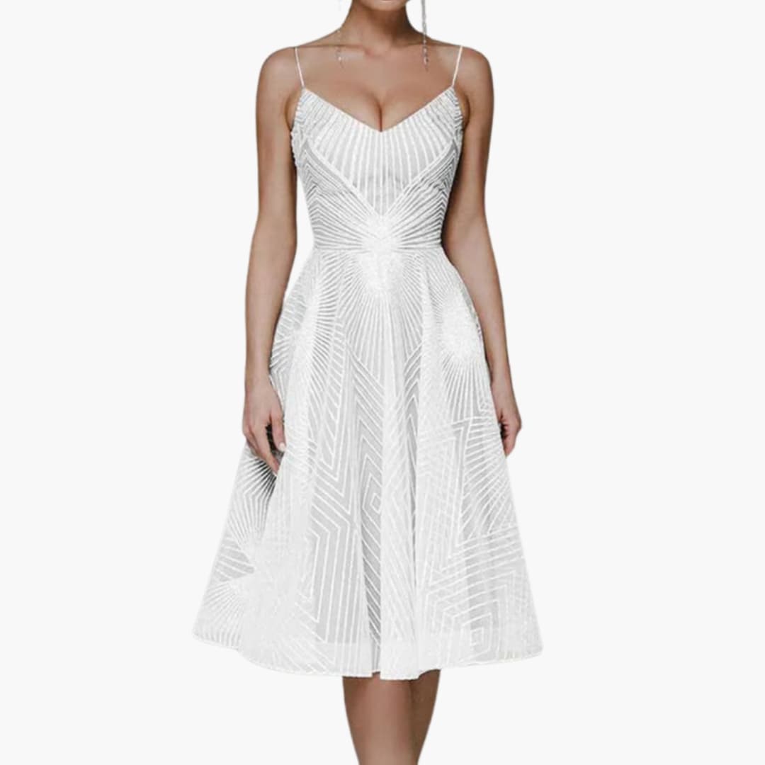 Glittering Formal Midi Dress with Thin Straps and Sleeveless Style