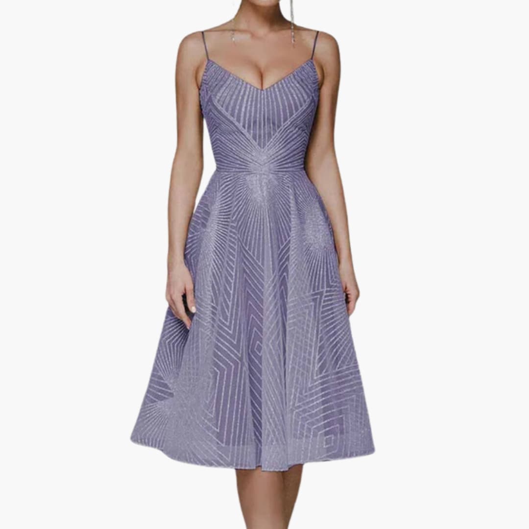 Glittering Formal Midi Dress with Thin Straps and Sleeveless Style