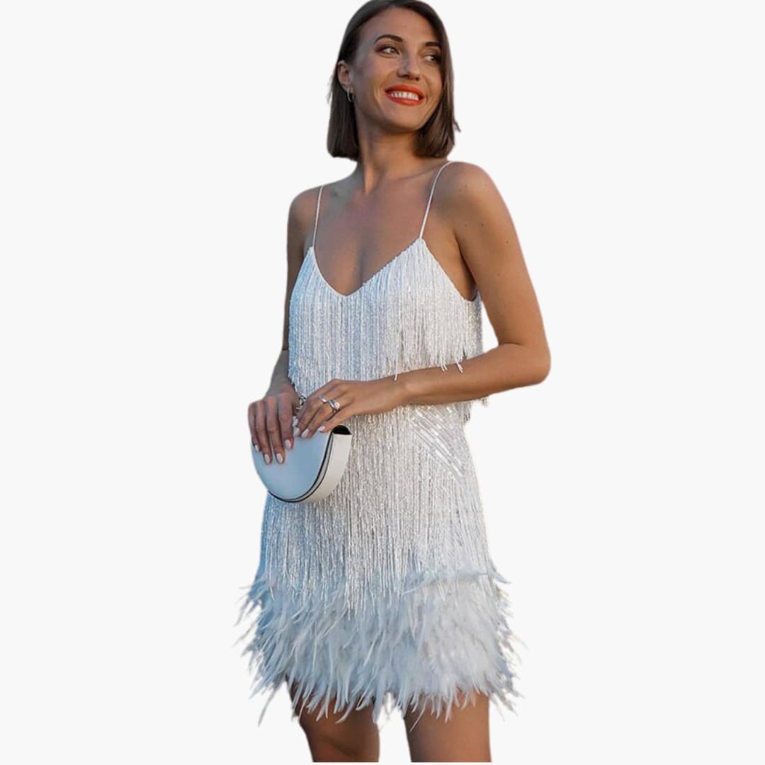 Glittering Mid Length Party Dress with Fringed Hem - Olytrend
