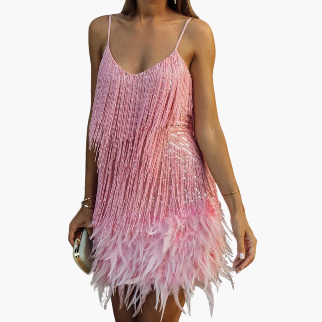 Glittering Mid Length Party Dress with Fringed Hem