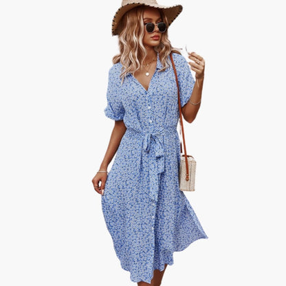 Feminine Casual Summer Midi Dress with Flared Skirt - Olytrend