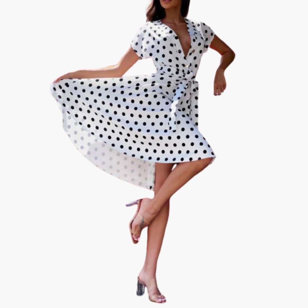 Ladies Spot Print V Neck Dress - Olytrend