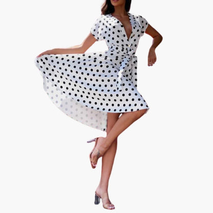 Ladies Spot Print V Neck Dress - Olytrend