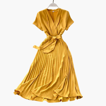 Flattering V Neck Midi Dress with High Waist Detail