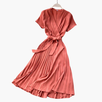 Flattering V Neck Midi Dress with High Waist Detail