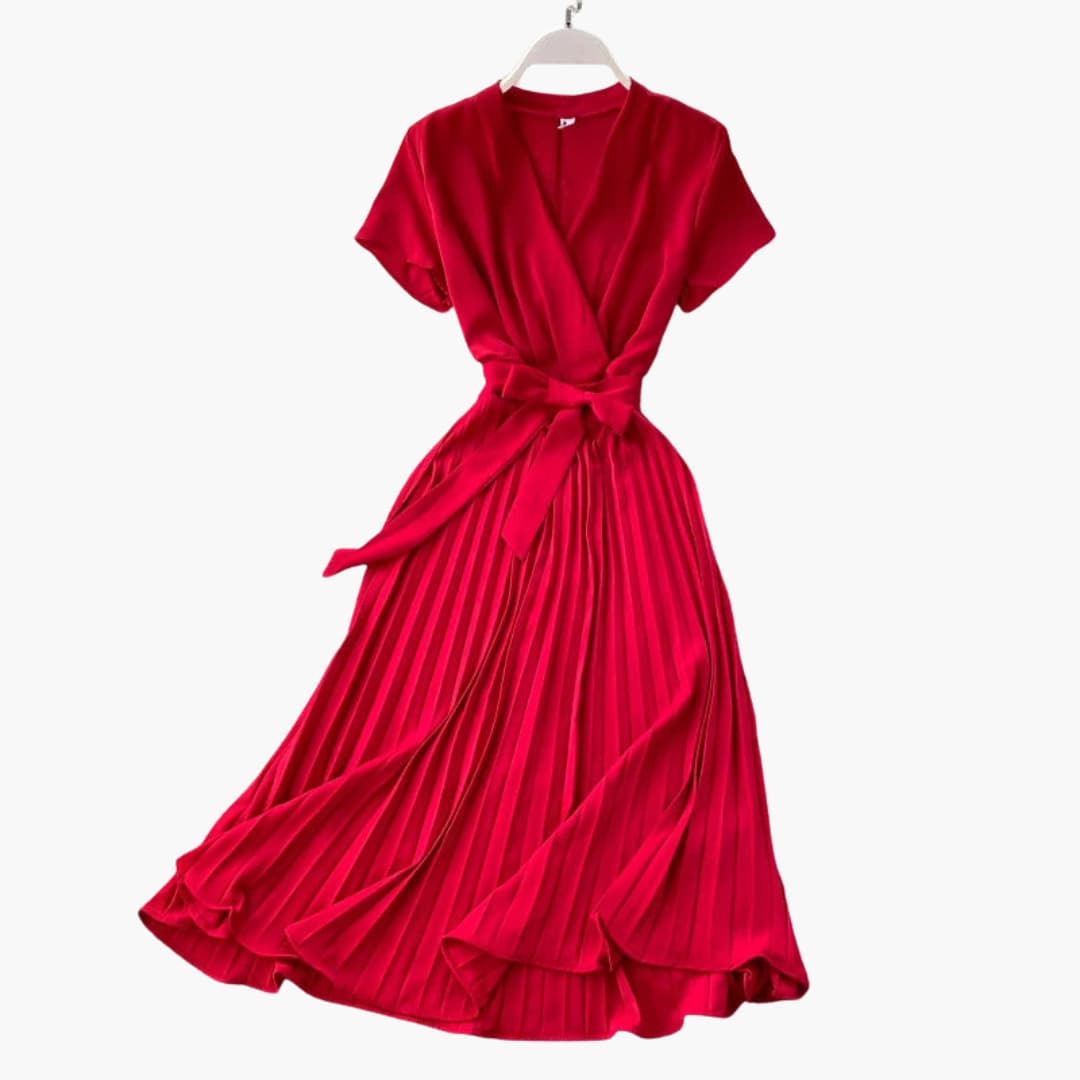 Flattering V Neck Midi Dress with High Waist Detail