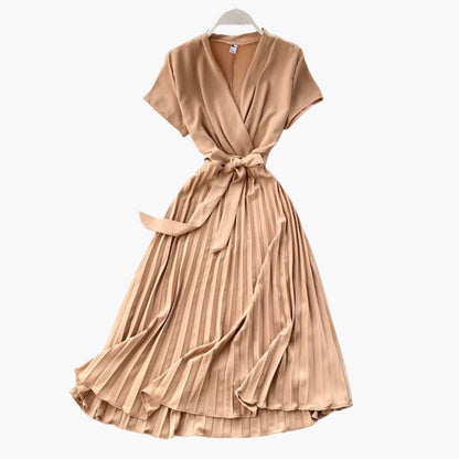 Flattering V Neck Midi Dress with High Waist Detail