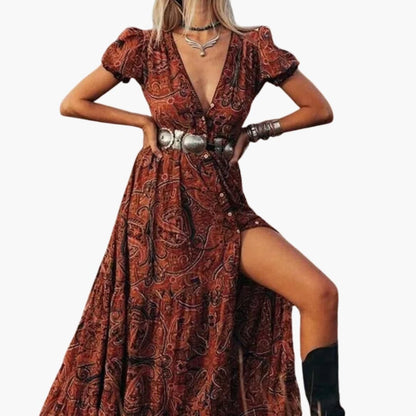 Ladies' Trendy V-Neck Printed Dress with Short Sleeves