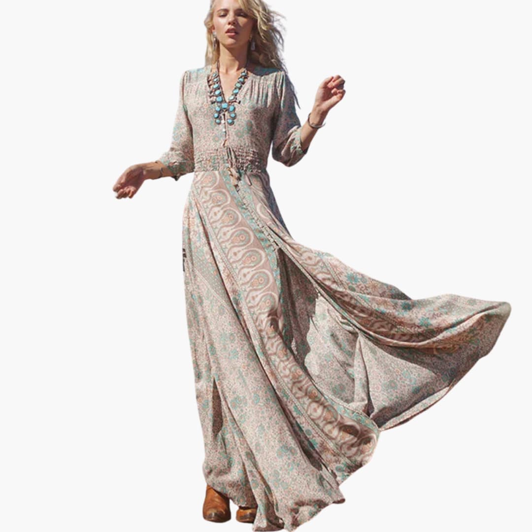 Ladies' Trendy V-Neck Printed Dress with Short Sleeves - Olytrend