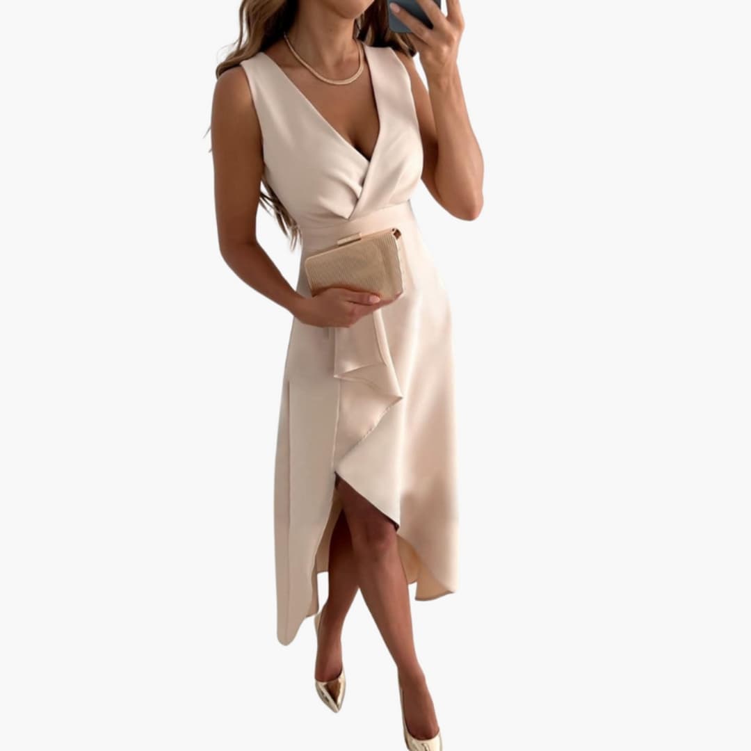 Flattering V-Neck Midi Dress with Long Sleeves and Belted Waist - Olytrend