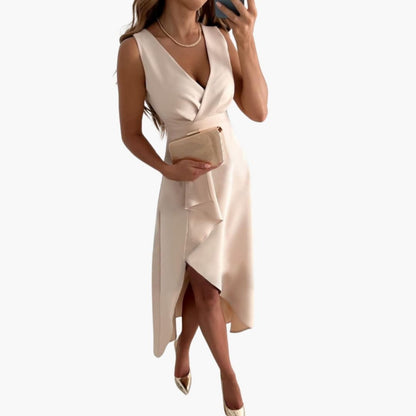 Flattering V-Neck Midi Dress with Long Sleeves and Belted Waist - Olytrend
