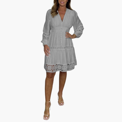 Elegant Lace V Neck Long Sleeve Midi Dress