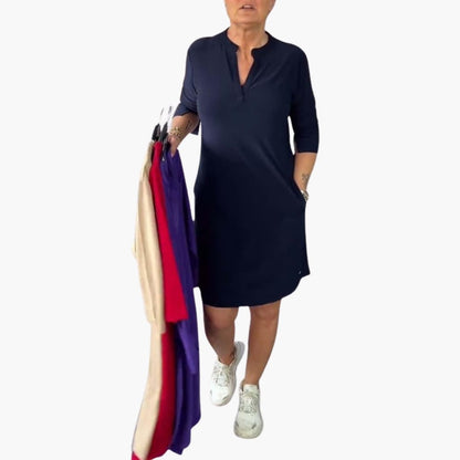 Casual V Neck Flowy Mid Length Dress - Olytrend