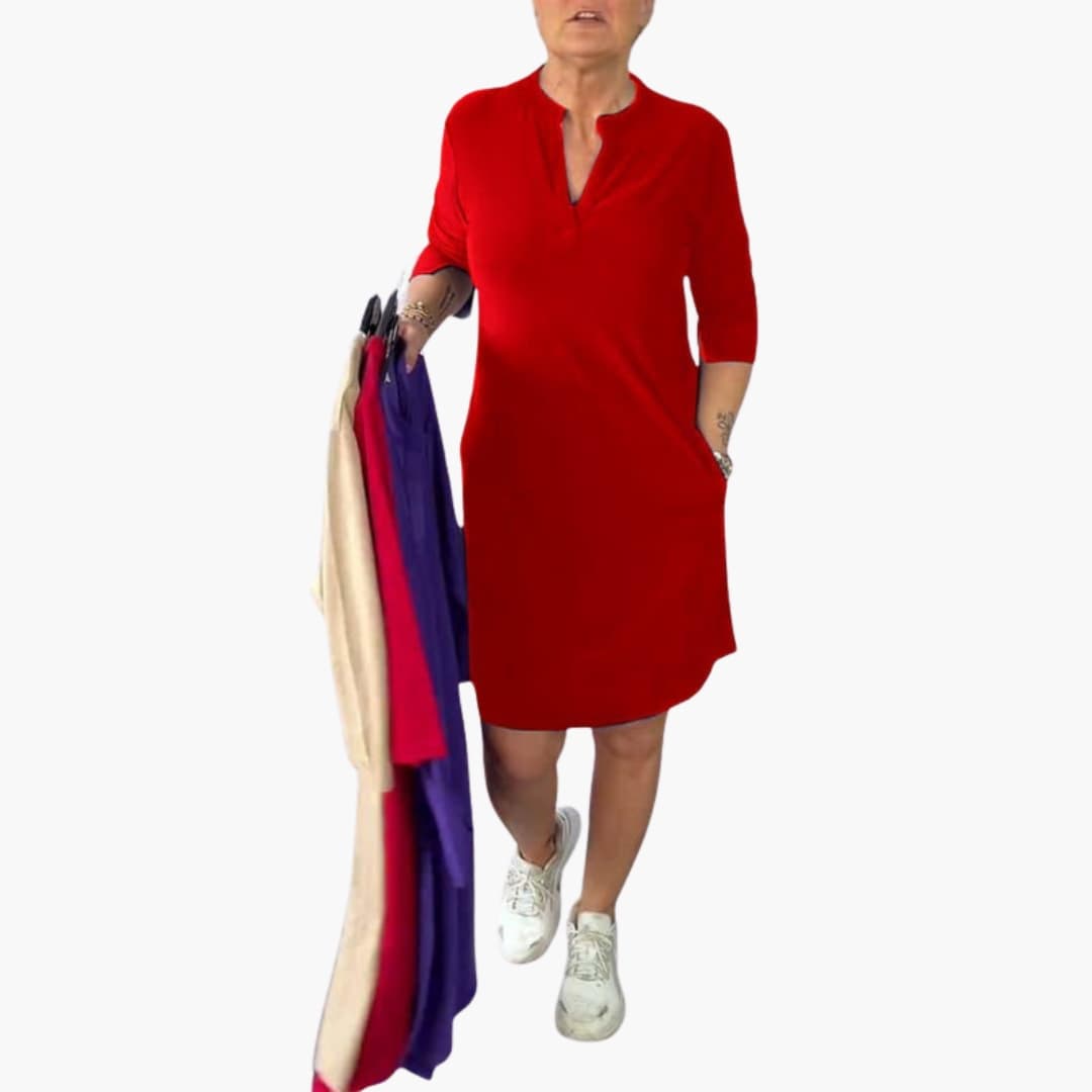 Casual V Neck Flowy Mid Length Dress