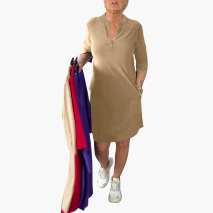 Casual V Neck Flowy Mid Length Dress