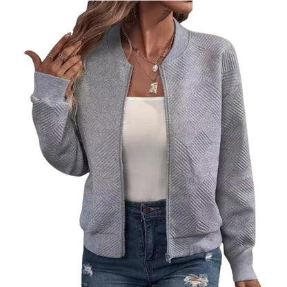 Ladies' Textured Zip Front Bomber Jacket with Cuffed Bottom - Olytrend