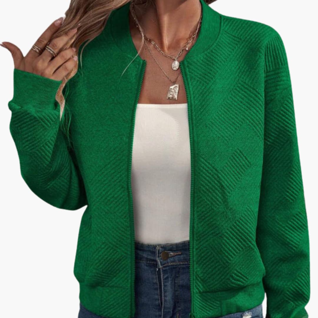 Ladies' Textured Zip Front Bomber Jacket with Cuffed Bottom