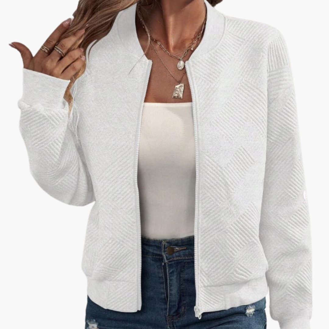 Ladies' Textured Zip Front Bomber Jacket with Cuffed Bottom