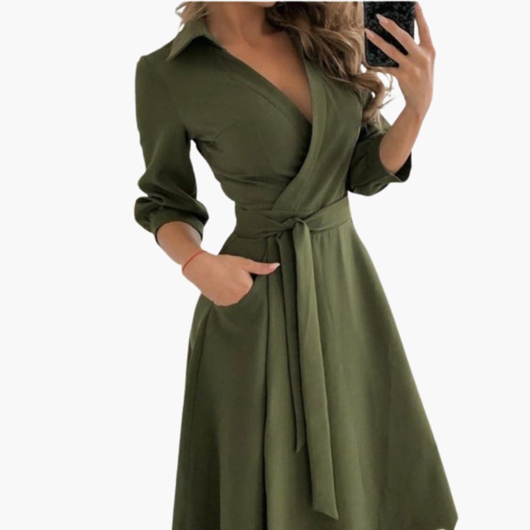 Ladies' Long Sleeve Wrap Dress with Belt and Pockets