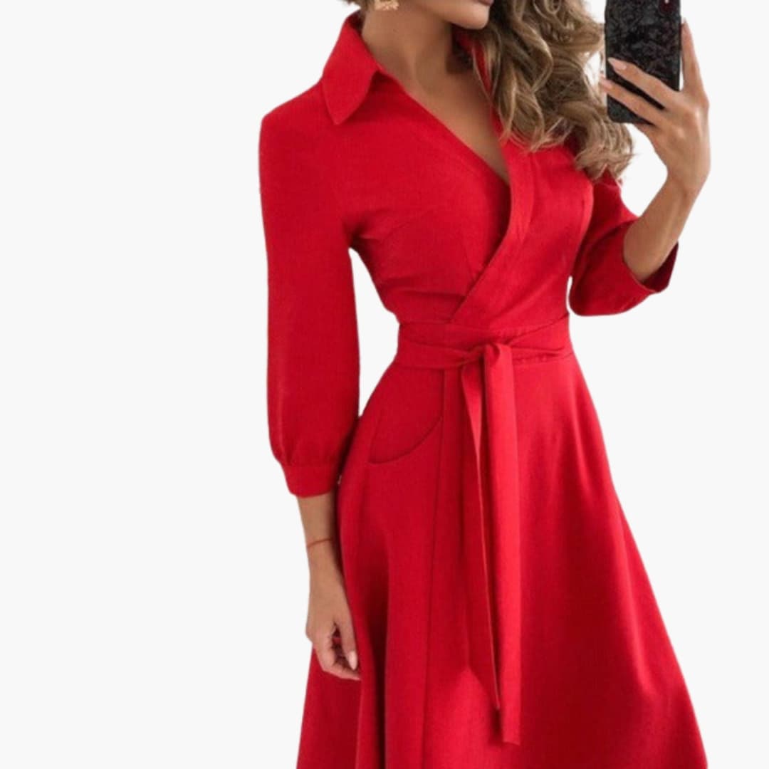 Ladies' Long Sleeve Wrap Dress with Belt and Pockets