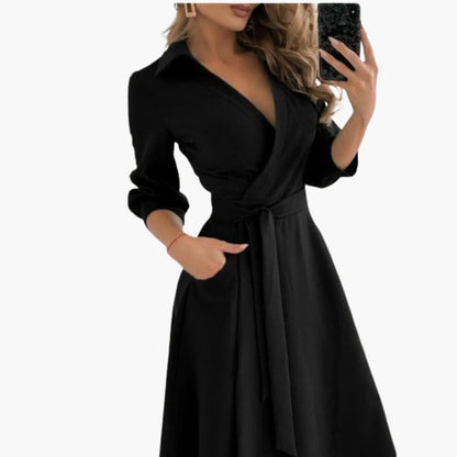 Ladies' Long Sleeve Wrap Dress with Belt and Pockets - Olytrend