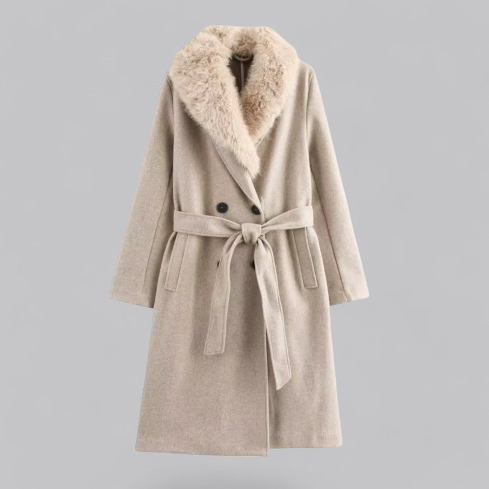 Classic Tan Trench Coat with Faux Fur Trim - Nocini