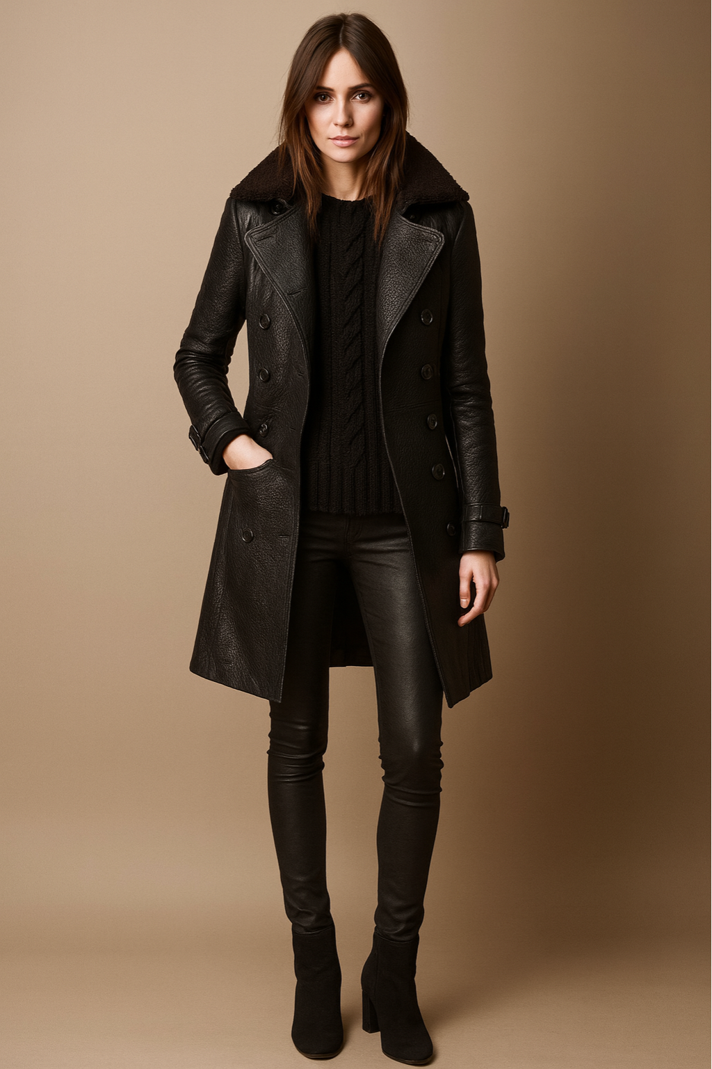 Elegant Women's Fake Leather Long Coat - Nocini