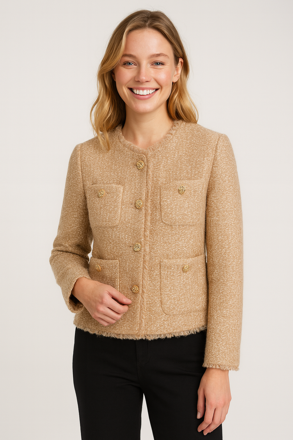 Elegant Open Front Gold Trim Blazer Jacket - Nocini