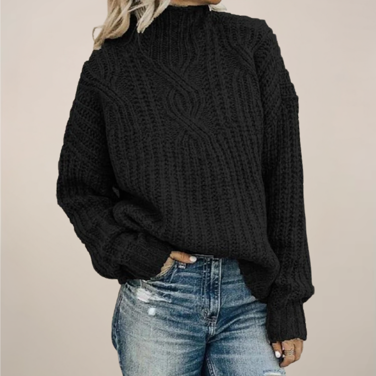 Classic Cable Knit Black Crew Neck Sweater - Nocini