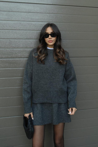 Casual Drop Shoulder Sweater and Skirt Outfit Set