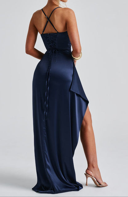 Elegant Dark Blue Halter Neck Evening Gown