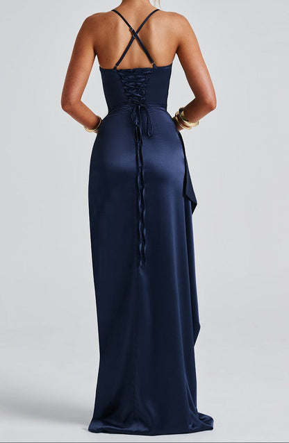 Elegant Dark Blue Halter Neck Evening Gown