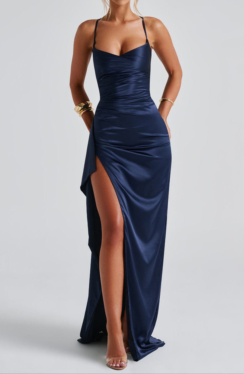 Elegant Dark Blue Halter Neck Evening Gown