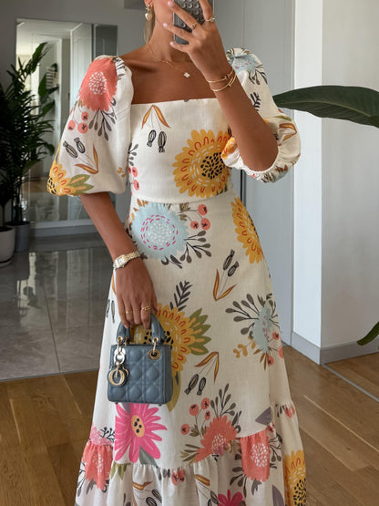 Chic Floral Midi Dress with Puffy Sleeves