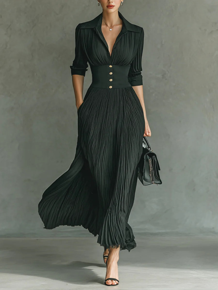 Flowy Ruffled Long Sleeve Maxi Dress with Cinched Waist - Nocini
