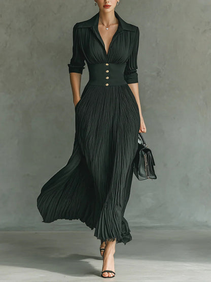 Flowy Ruffled Long Sleeve Maxi Dress with Cinched Waist - Nocini