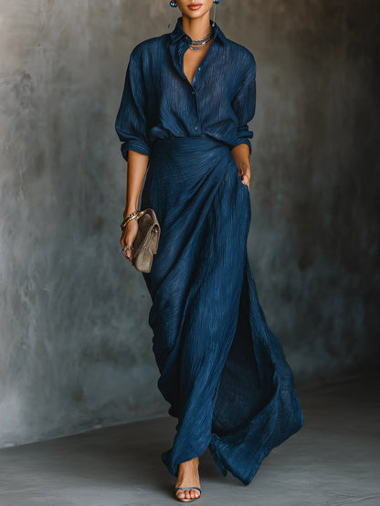Ladies' Classic Button Down Shirt and Flowy Maxi Skirt Set - Nocini