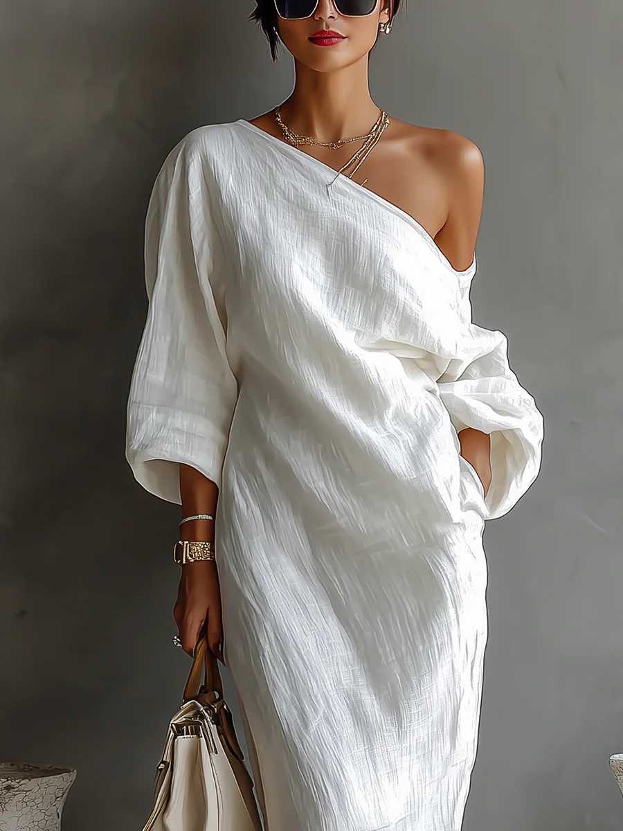 Flowy Off Shoulder Long Dress with Puffy Sleeve